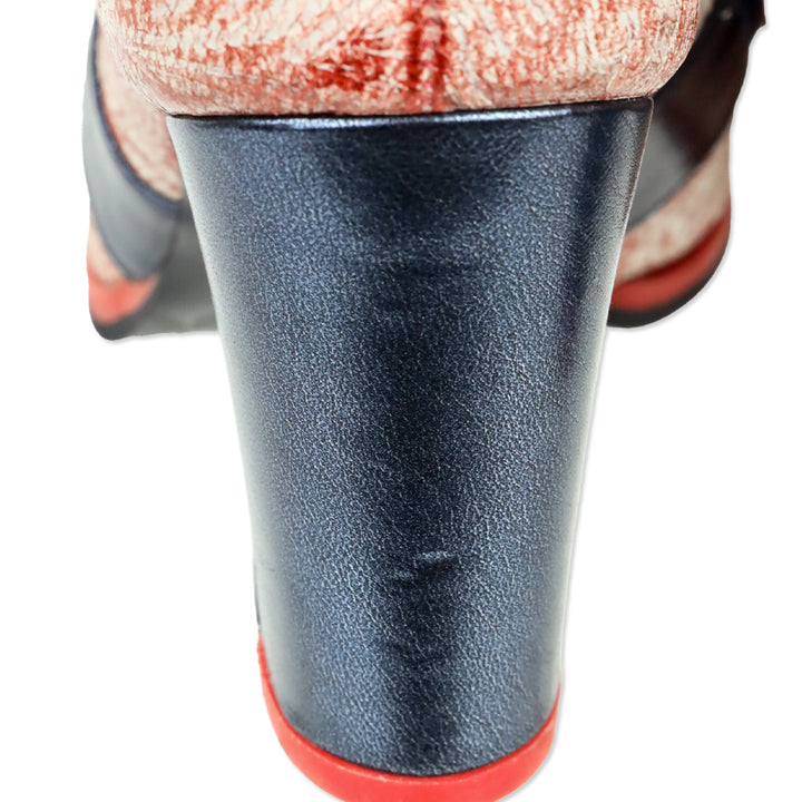 John Fluevog Blue/Red Attic Carlyne Scalloped Tongue Loafer Heel