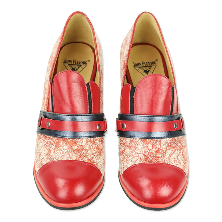 John Fluevog Blue/Red Attic Carlyne Scalloped Tongue Loafer Heel