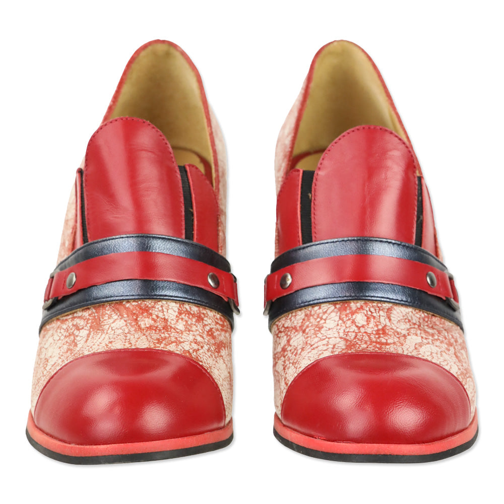 John Fluevog Blue/Red Attic Carlyne Scalloped Tongue Loafer Heel