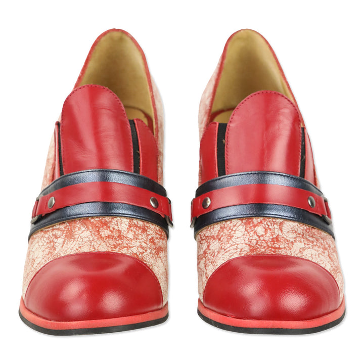 John Fluevog Blue/Red Attic Carlyne Scalloped Tongue Loafer Heel
