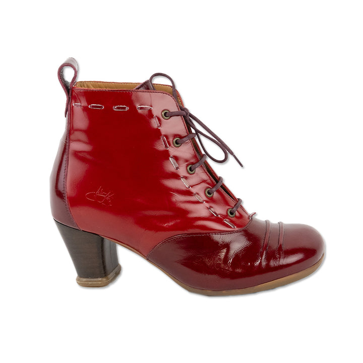 John Fluevog Red Patent Leather Lace Up Heeled Ankle Boots