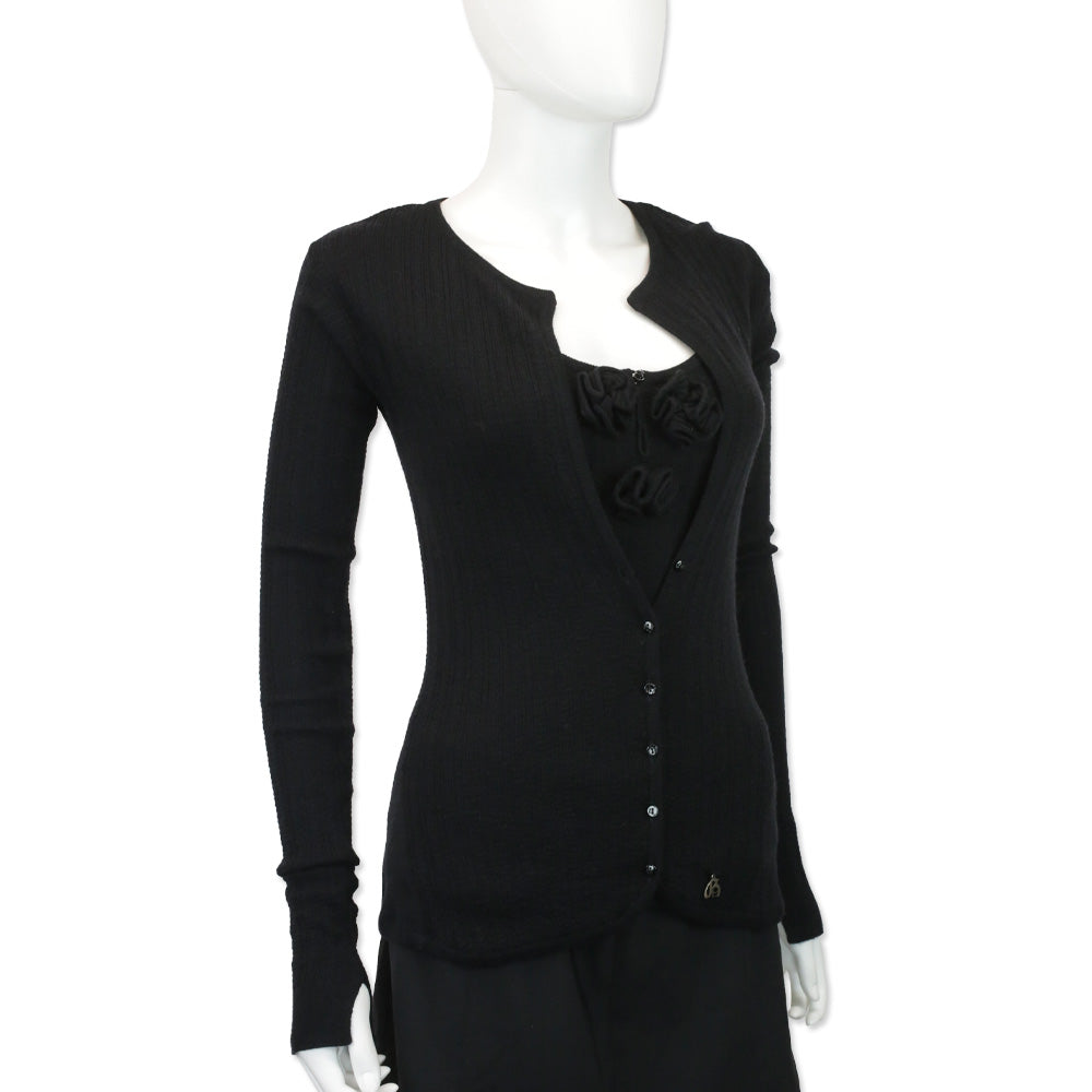 John Galliano Black Wool Blend Ribbed Knit Cardigan