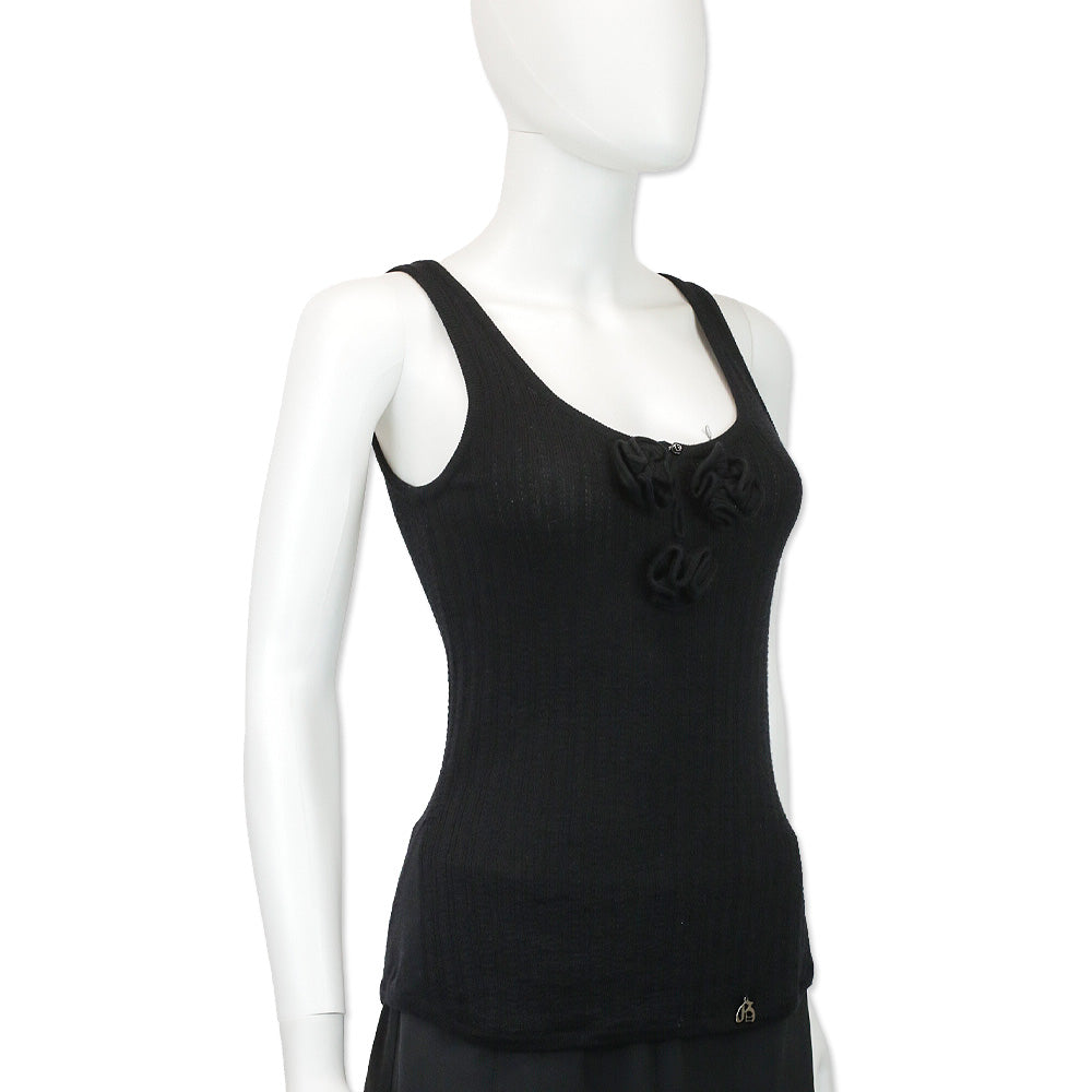 John Galliano Black Wool Blend Ribbed Knit Tank Top with Floral Accent