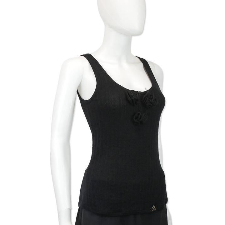 John Galliano Black Wool Blend Ribbed Knit Tank Top with Floral Accent