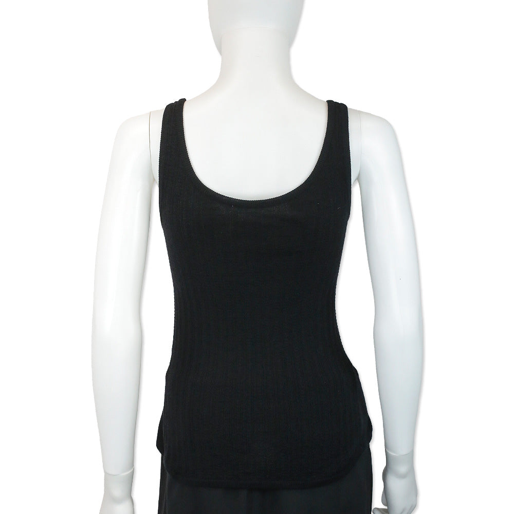 John Galliano Black Wool Blend Ribbed Knit Tank Top with Floral Accent