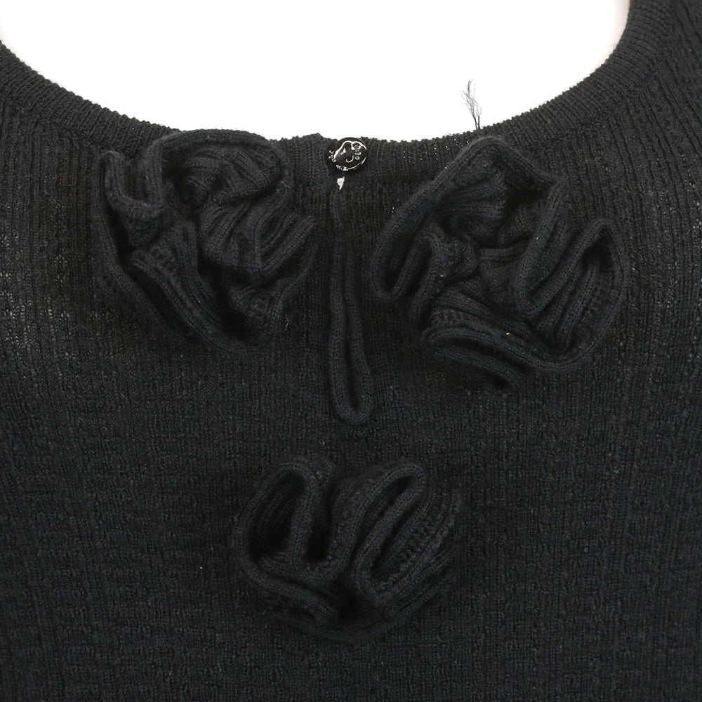 John Galliano Black Wool Blend Ribbed Knit Tank Top with Floral Accent