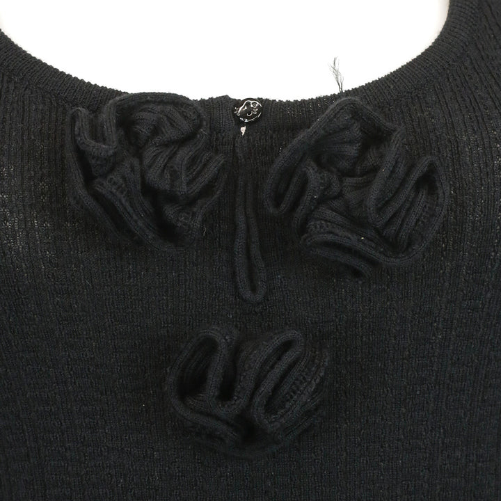 John Galliano Black Wool Blend Ribbed Knit Tank Top with Floral Accent