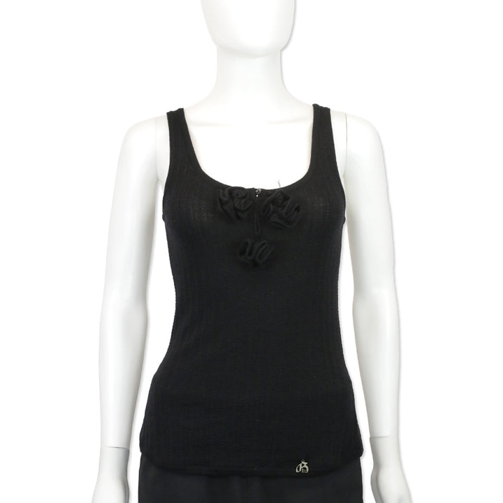 John Galliano Black Wool Blend Ribbed Knit Tank Top with Floral Accent