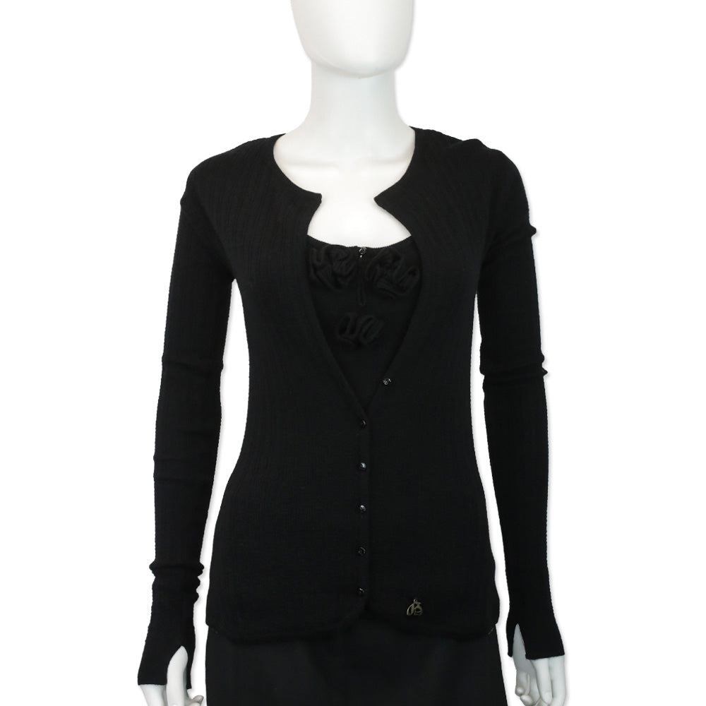 John Galliano Black Wool Blend Ribbed Knit Tank Top with Floral Accent