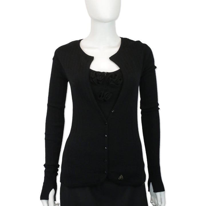 John Galliano Black Wool Blend Ribbed Knit Cardigan