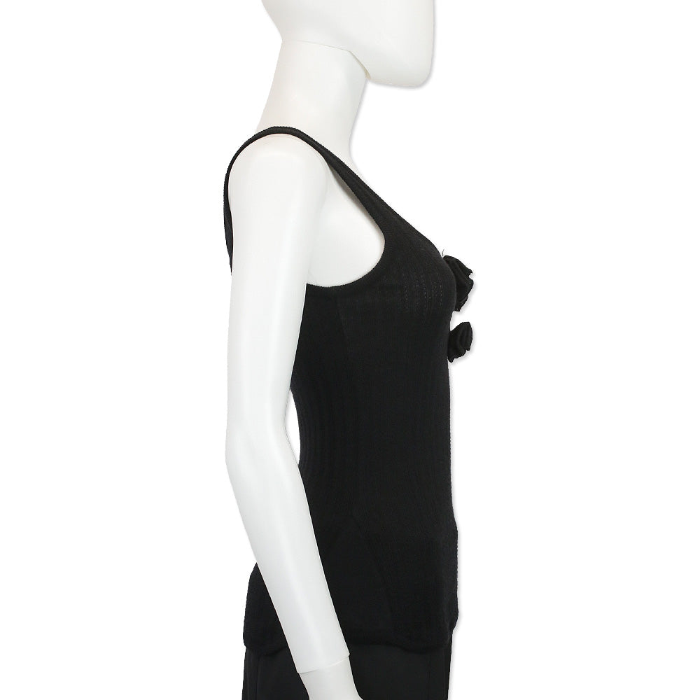 John Galliano Black Wool Blend Ribbed Knit Tank Top with Floral Accent