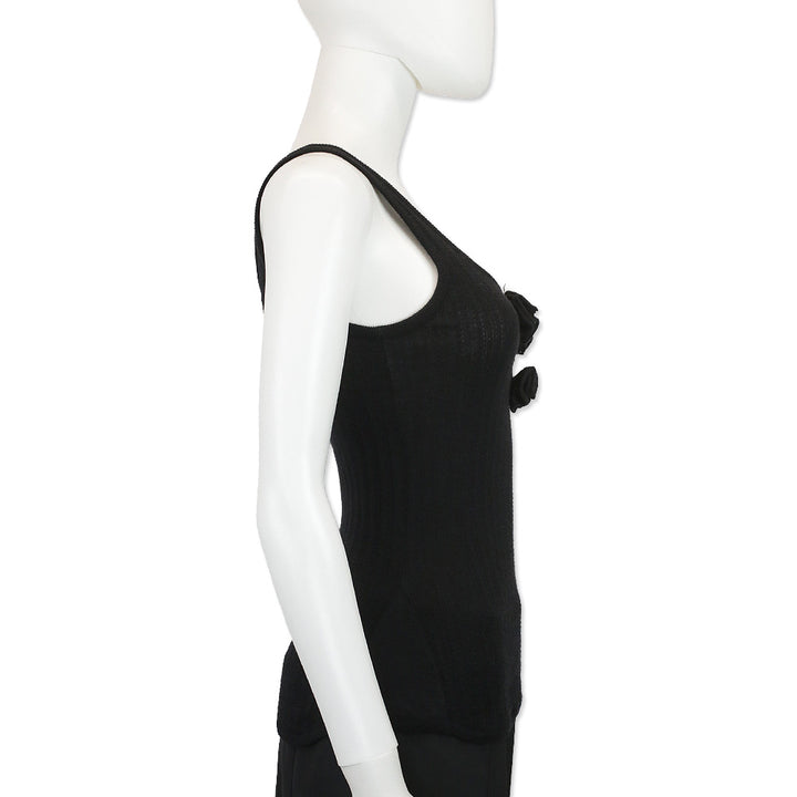 John Galliano Black Wool Blend Ribbed Knit Tank Top with Floral Accent