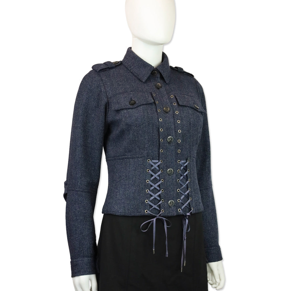John Galliano Blue Wool Tweed Corset Lace Military Jacket