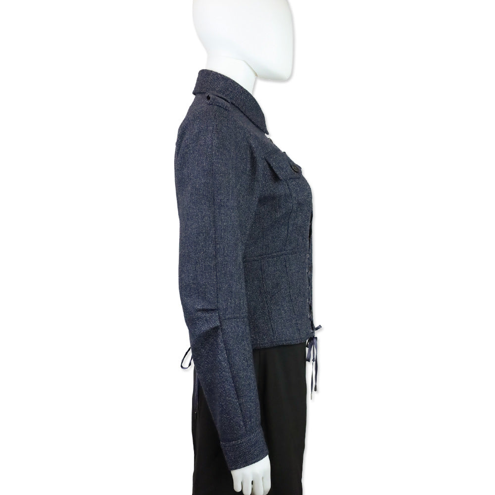 John Galliano Blue Wool Tweed Corset Lace Military Jacket