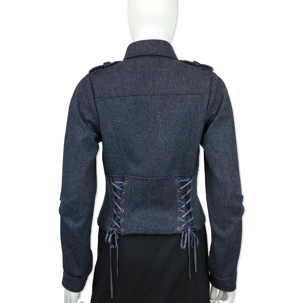 John Galliano Blue Wool Tweed Corset Lace Military Jacket