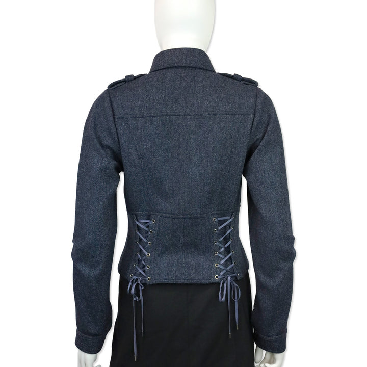 John Galliano Blue Wool Tweed Corset Lace Military Jacket