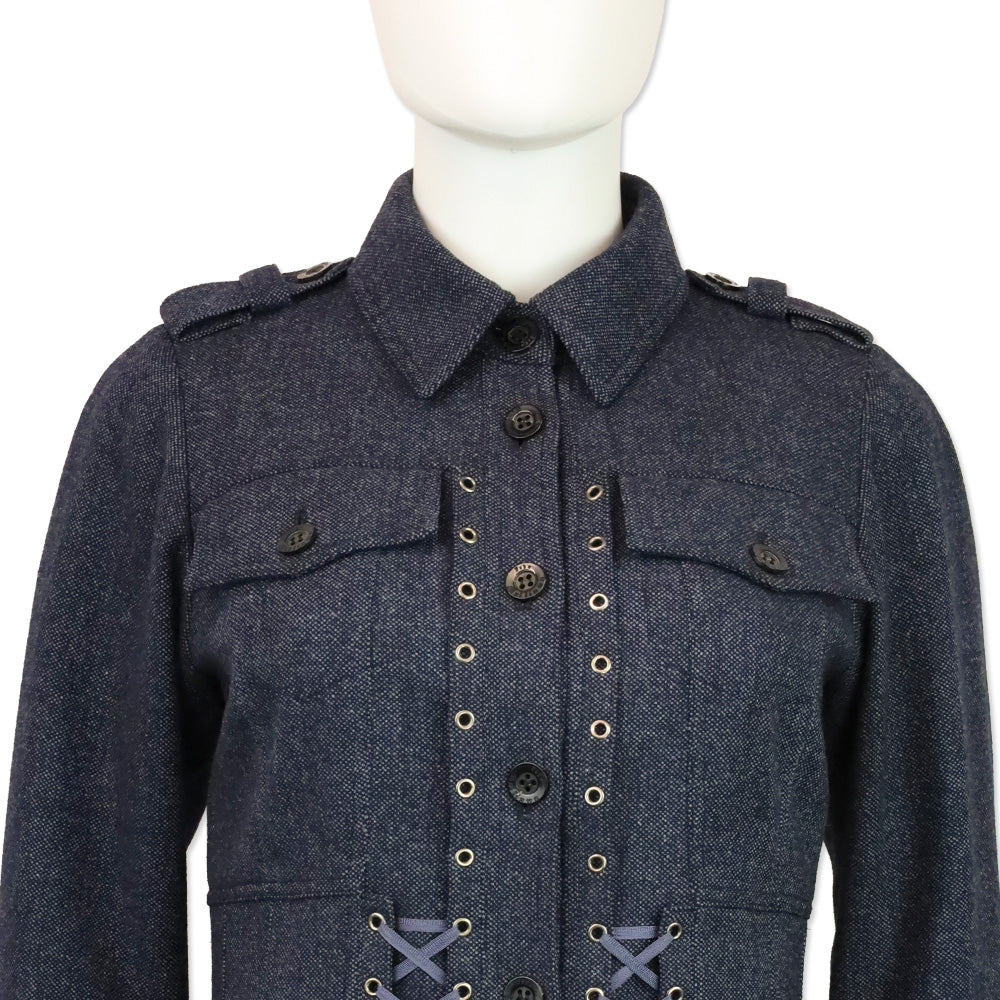 John Galliano Blue Wool Tweed Corset Lace Military Jacket