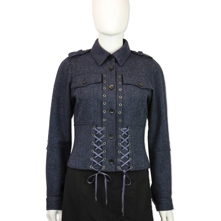 John Galliano Blue Wool Tweed Corset Lace Military Jacket