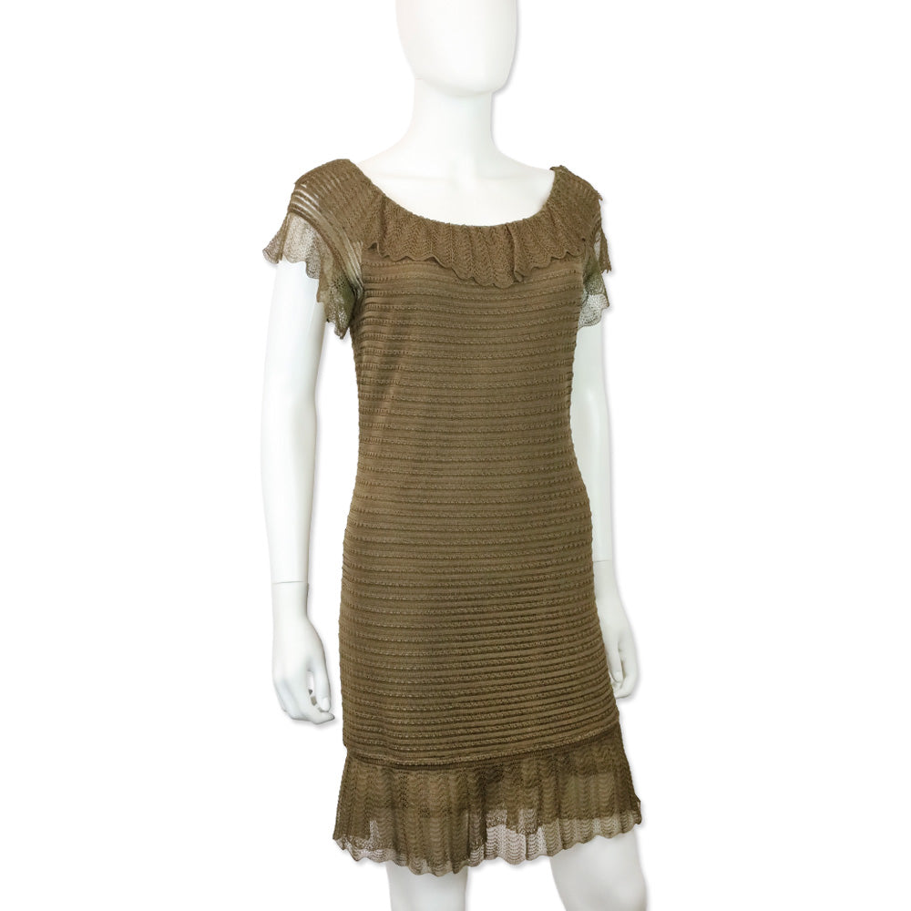 John Galliano Brown Lace Knit Scalloped Neck Midi Dress