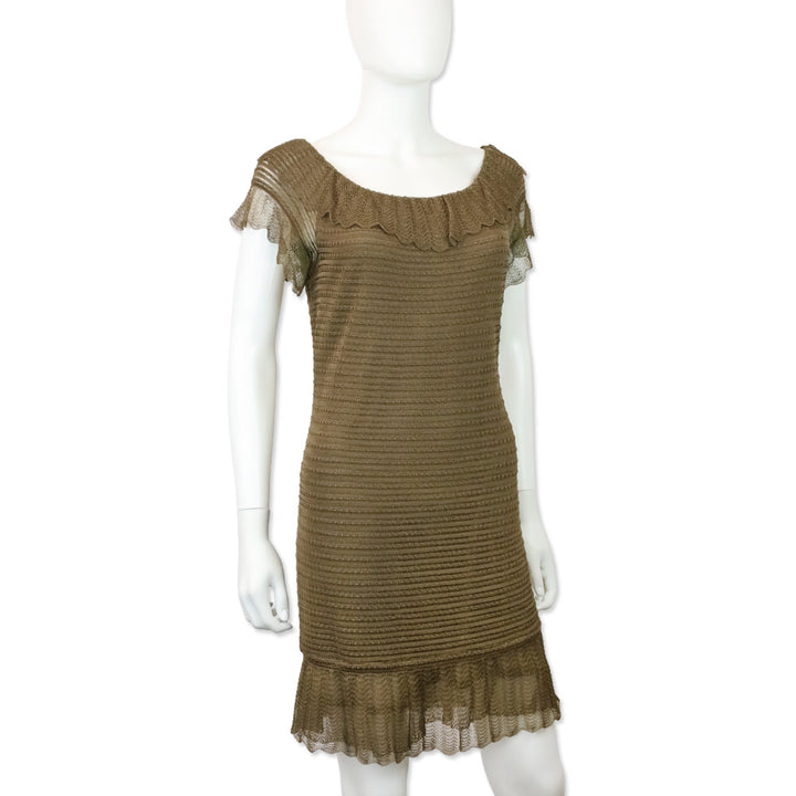 John Galliano Brown Lace Knit Scalloped Neck Midi Dress
