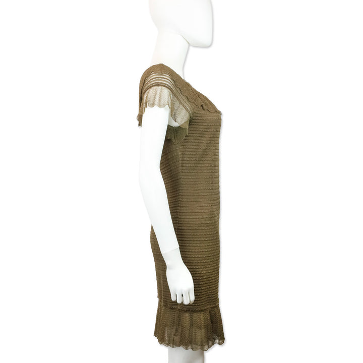John Galliano Brown Lace Knit Scalloped Neck Midi Dress