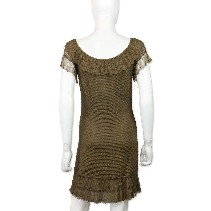 John Galliano Brown Lace Knit Scalloped Neck Midi Dress