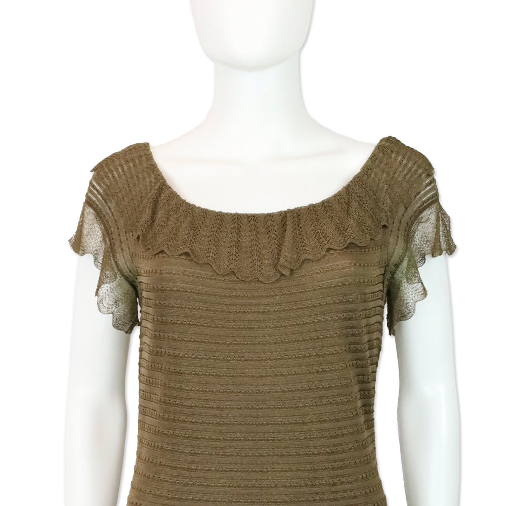 John Galliano Brown Lace Knit Scalloped Neck Midi Dress
