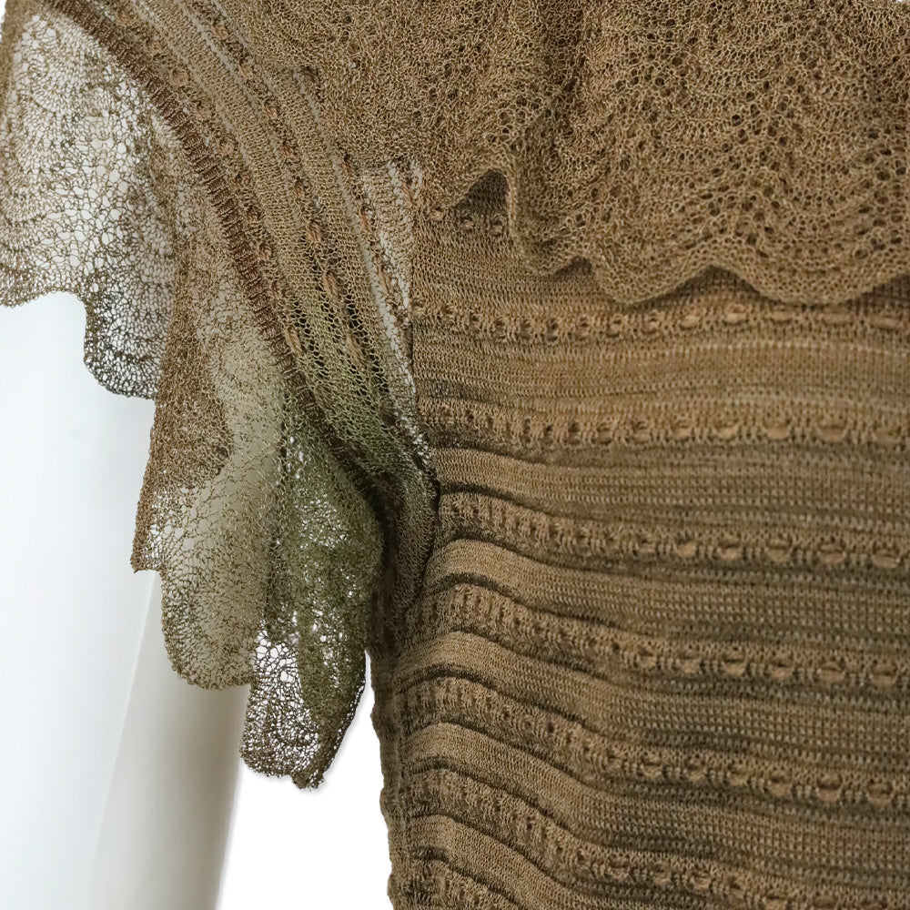 John Galliano Brown Lace Knit Scalloped Neck Midi Dress