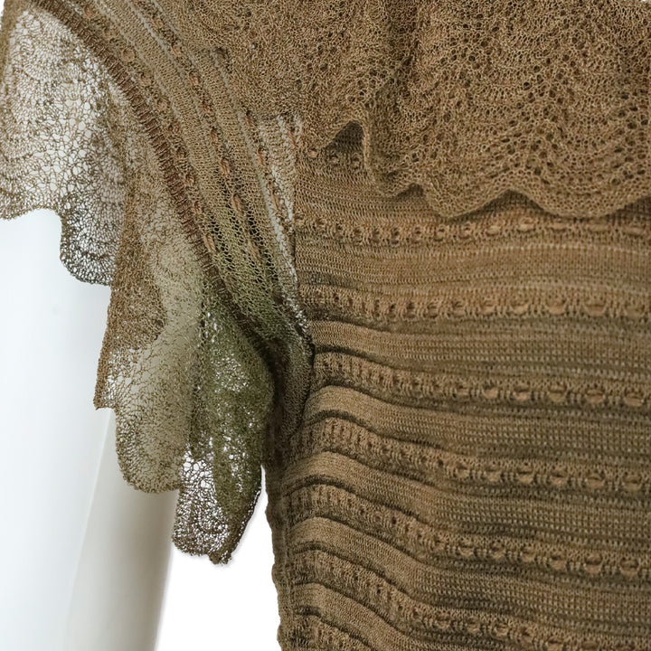 John Galliano Brown Lace Knit Scalloped Neck Midi Dress