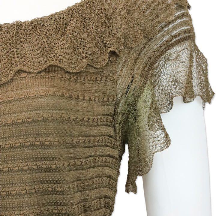 John Galliano Brown Lace Knit Scalloped Neck Midi Dress