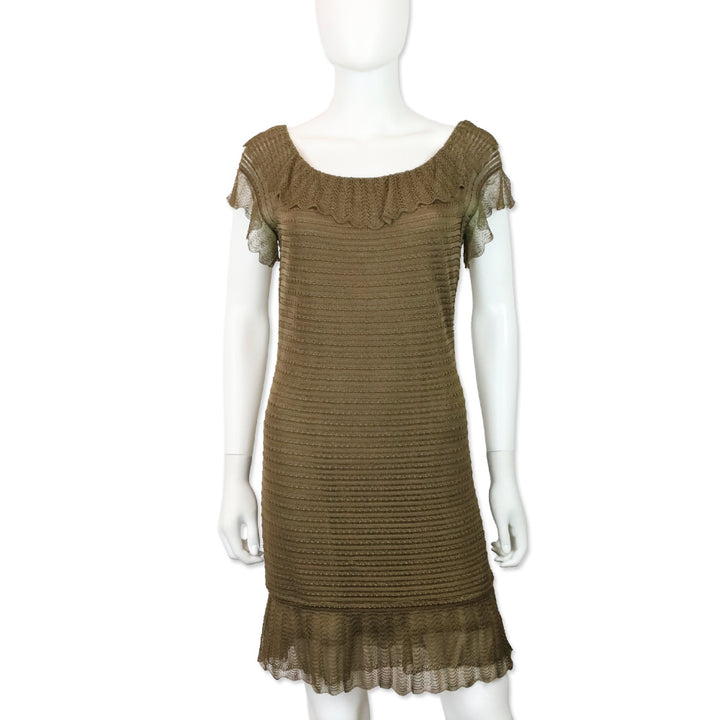 John Galliano Brown Lace Knit Scalloped Neck Midi Dress