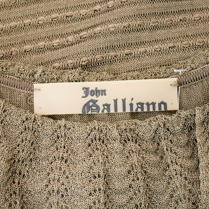 John Galliano Brown Lace Knit Scalloped Neck Midi Dress