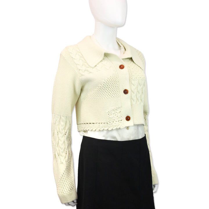 Johnathan Simkhai Cream Patchwork Knit Cropped Cardigan