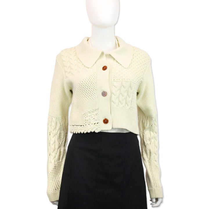 Johnathan Simkhai Cream Patchwork Knit Cropped Cardigan