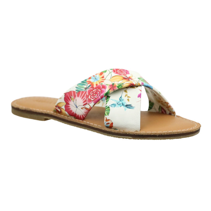 Johnny Was Andra Floral Print Leather Crisscross Slide Sandals