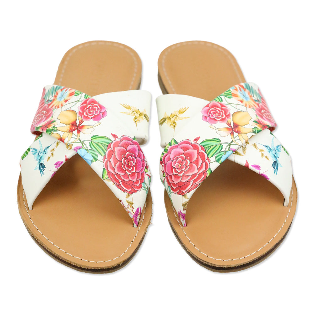 Johnny Was Andra Floral Print Leather Crisscross Slide Sandals