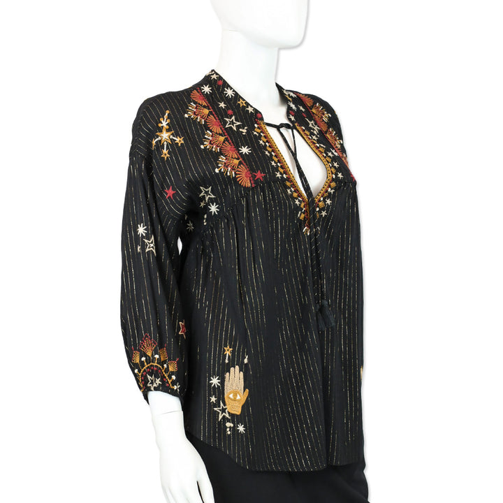 Johnny Was Astraea Black/Gold Metallic-Stripe V-Neck Blouse