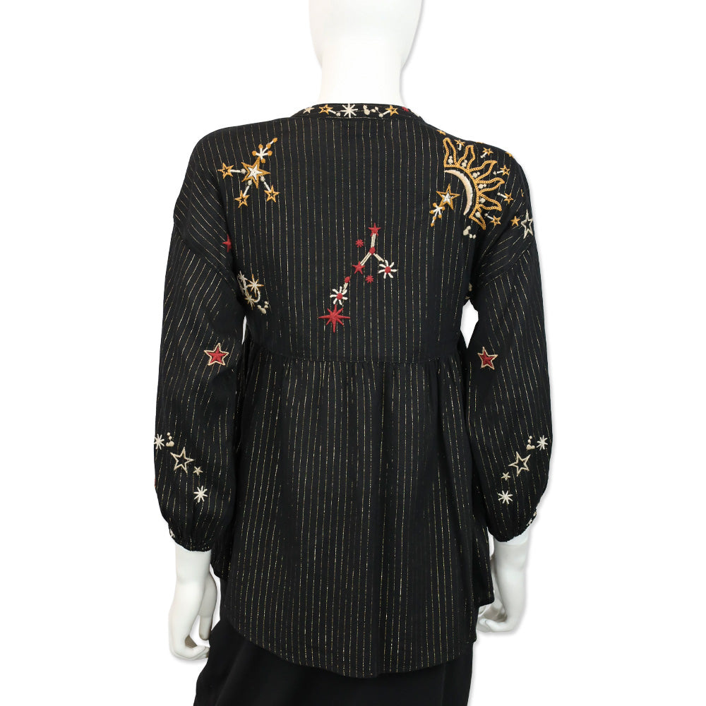 Johnny Was Astraea Black/Gold Metallic-Stripe V-Neck Blouse