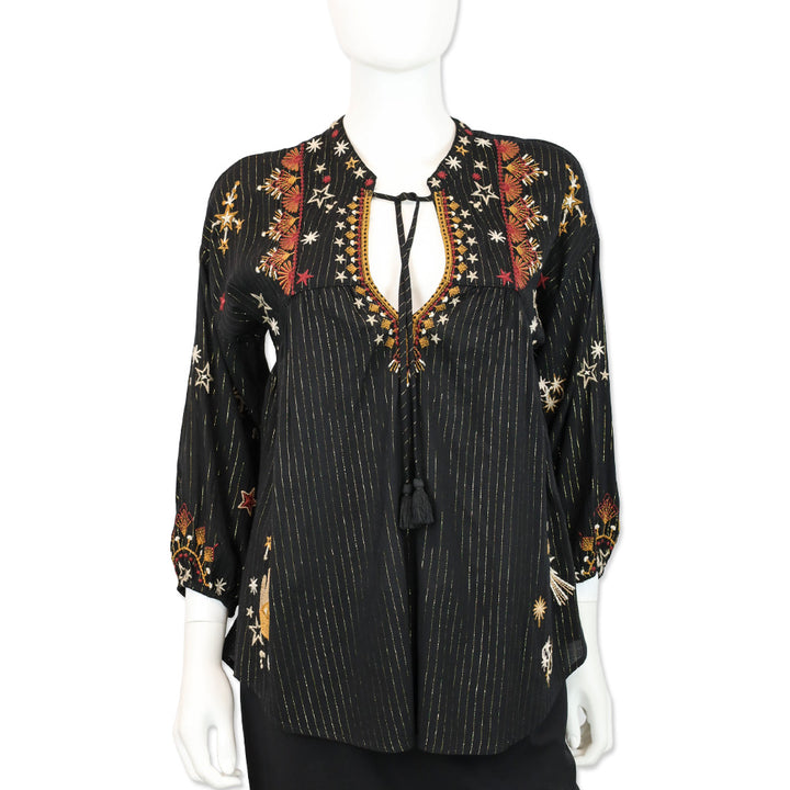 Johnny Was Astraea Black/Gold Metallic-Stripe V-Neck Blouse