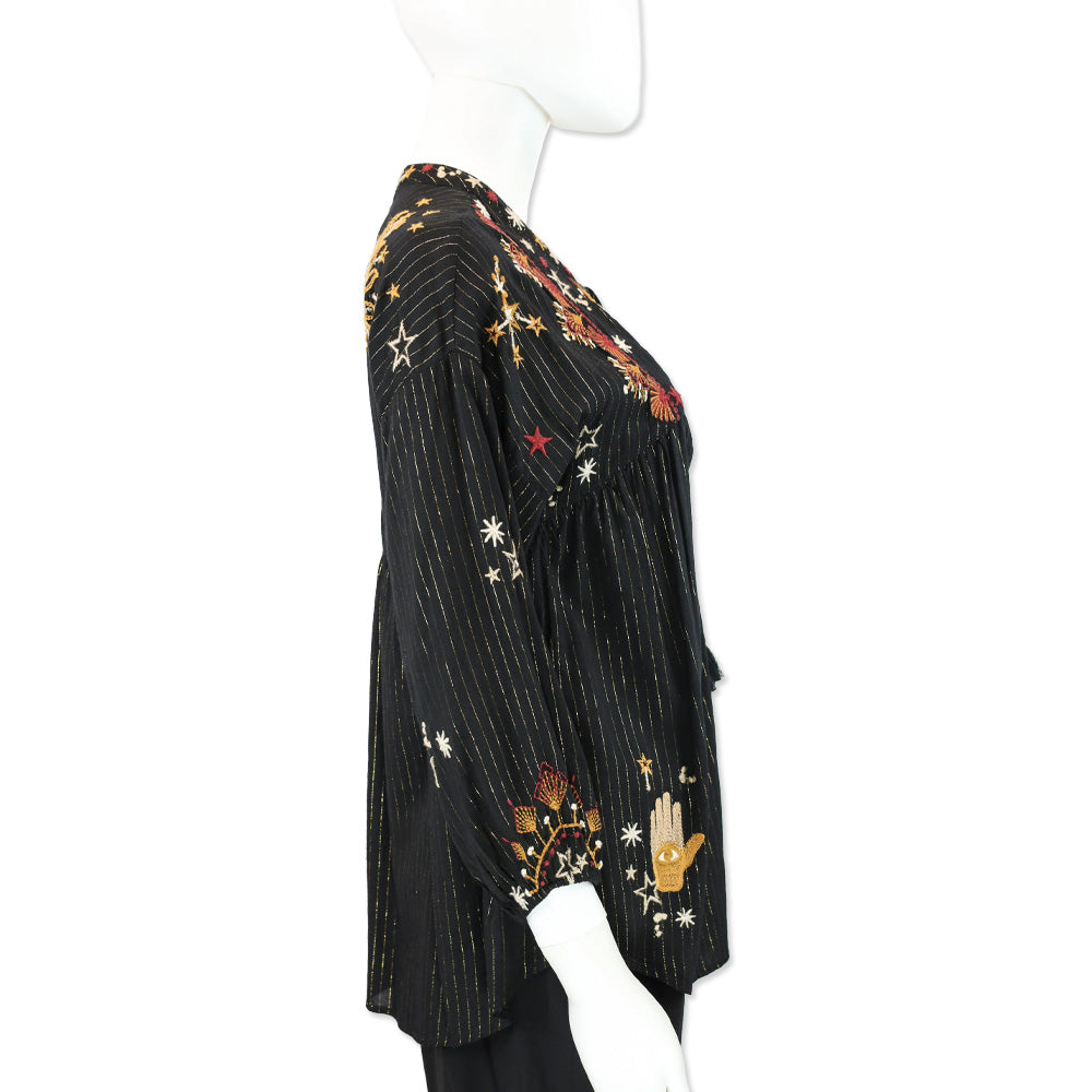 Johnny Was Astraea Black/Gold Metallic-Stripe V-Neck Blouse