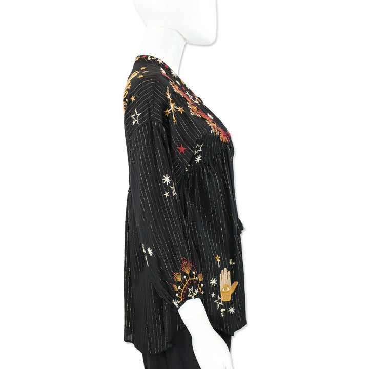 Johnny Was Astraea Black/Gold Metallic-Stripe V-Neck Blouse