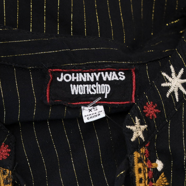 Johnny Was Astraea Black/Gold Metallic-Stripe V-Neck Blouse