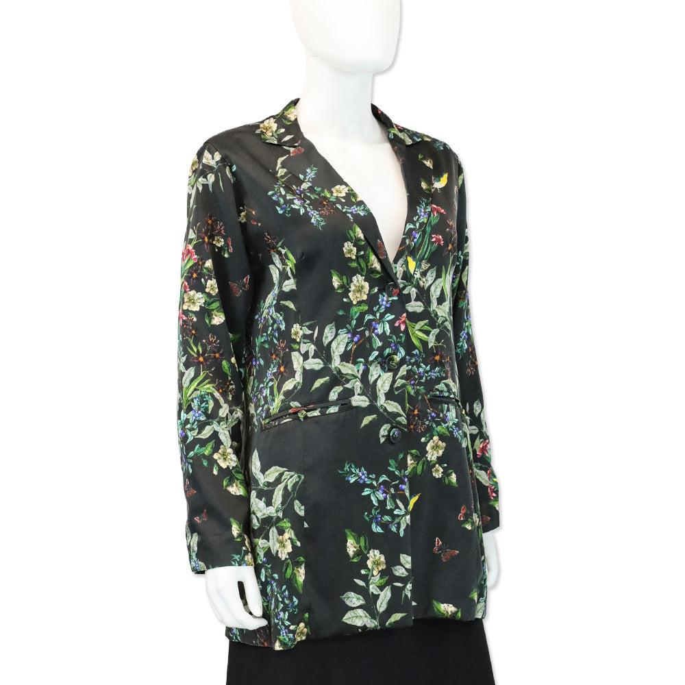 Johnny Was Black Ash Hummingbird Floral Print Silk Blazer Jacket
