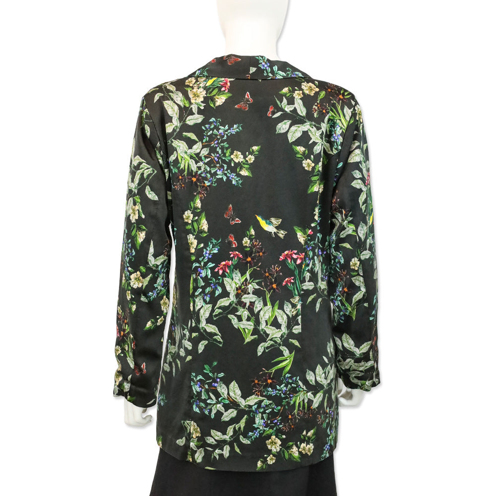 Johnny Was Black Ash Hummingbird Floral Print Silk Blazer Jacket