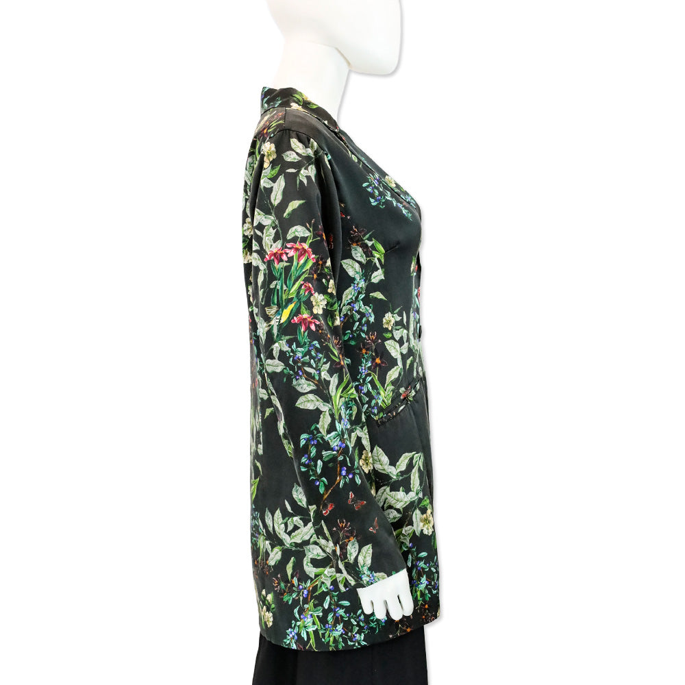 Johnny Was Black Ash Hummingbird Floral Print Silk Blazer Jacket