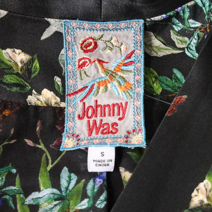 Johnny Was Black Ash Hummingbird Floral Print Silk Blazer Jacket