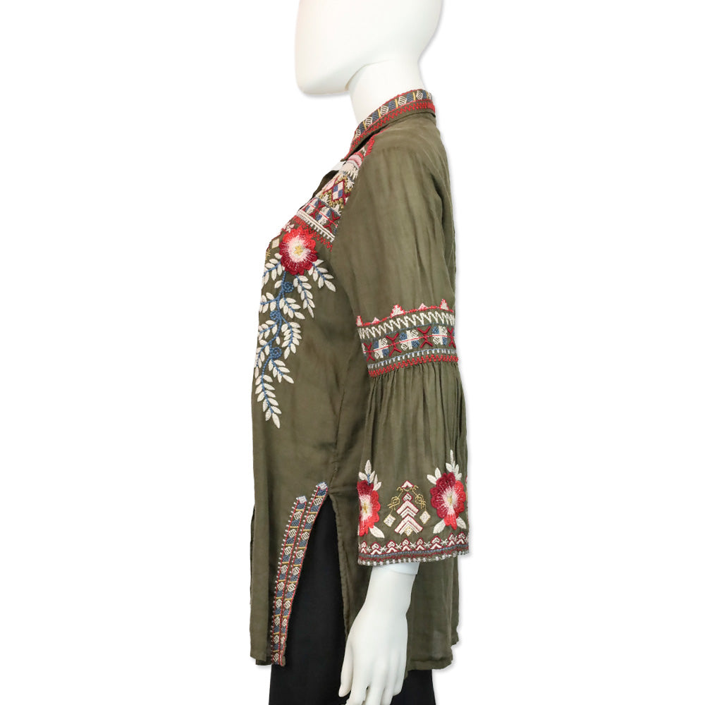 Johnny Was Olive Multicolor Embroidered Flare Sleeve Button Front Tunic