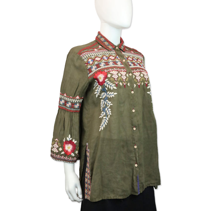Johnny Was Olive Multicolor Embroidered Flare Sleeve Button Front Tunic