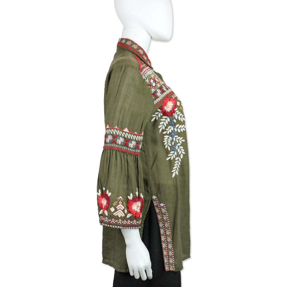 Johnny Was Olive Multicolor Embroidered Flare Sleeve Button Front Tunic