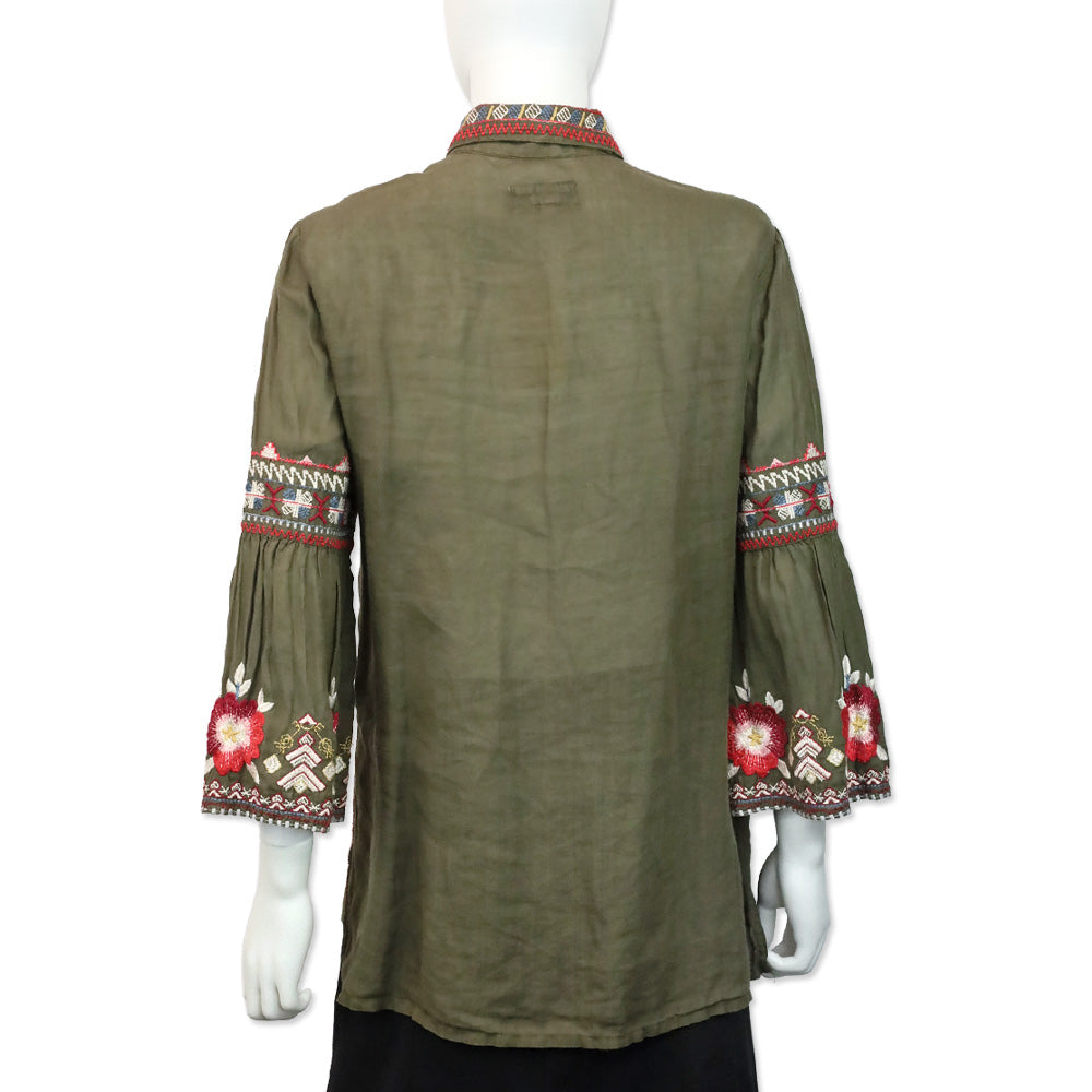Johnny Was Olive Multicolor Embroidered Flare Sleeve Button Front Tunic
